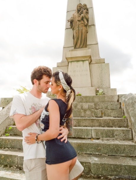 Fully clothed Holly D gets a mouthful giving James Deena blowjob outdoors 75459746